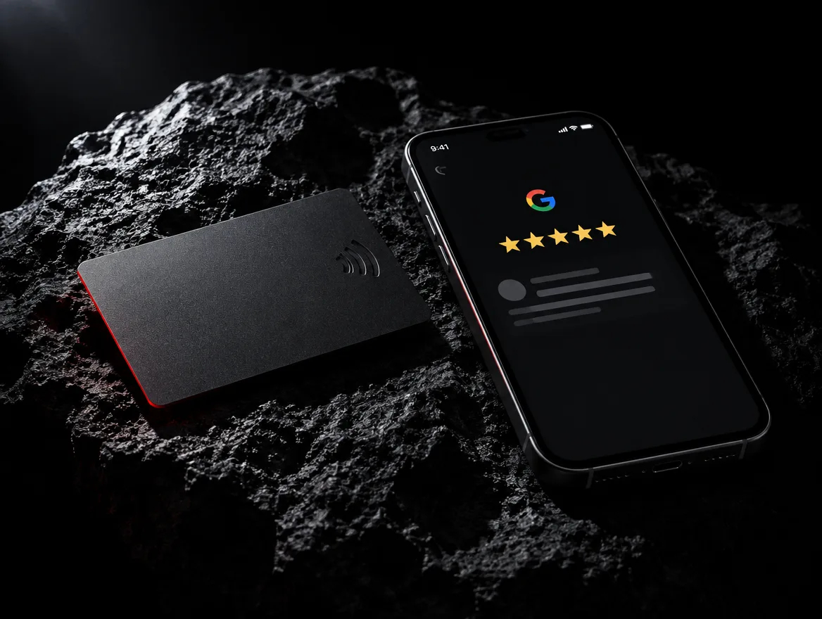 Karta NFC i telefon z opinią Google na bazaltowej skale