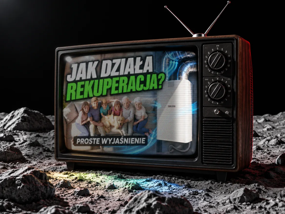 Telewizor z lat 80. na Księżycu z kadrem zespołu Eco Comfort na ekranie